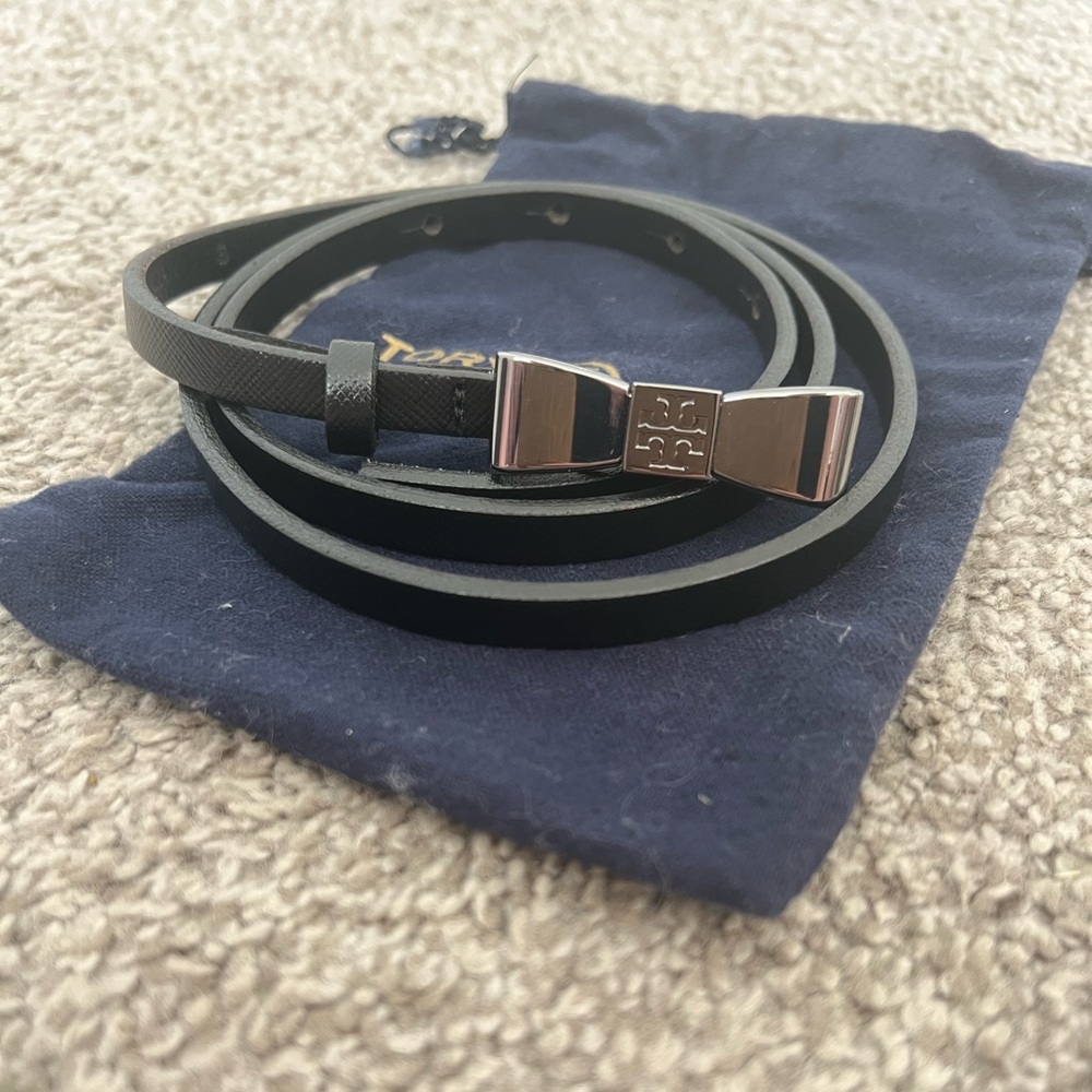 Tory Burch Gunmetal Bow and Black Leather Belt